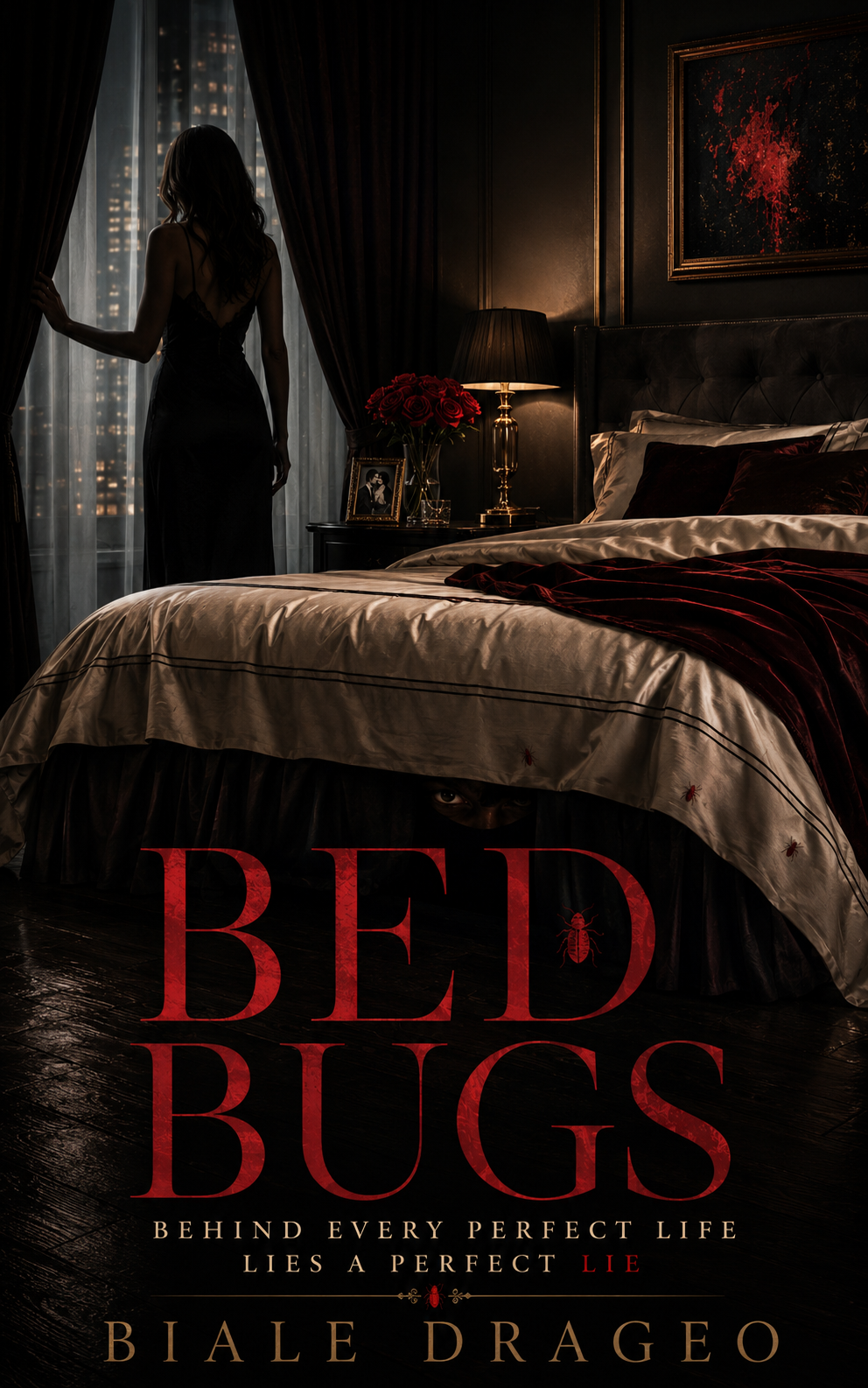 Cover of Bed Bugs by Biale Drageo, showing a dark luxury bedroom, a woman at a window, red roses, and a hidden threat beneath the bed.